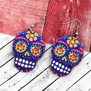 Blue Sugar Skull Wood Earrings – Lightweight & Colorful Day of the Dead Design
